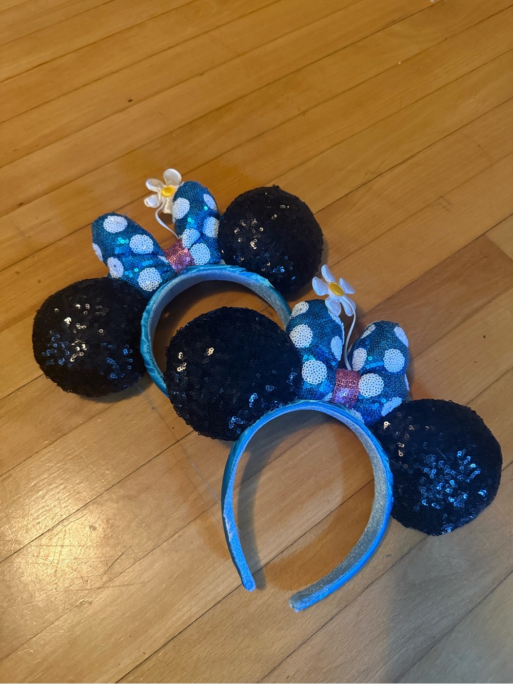 Disney Black Sequin Minnie-Style Headband with Blue Polka Dot Bow